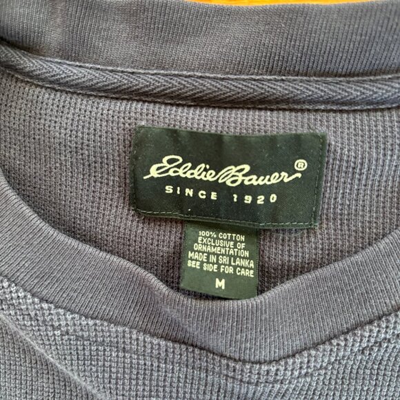 VTG‎ Eddie Bauer Waffle Knit Shirt Mens M Thermal Crew Neck Zip Pocket Blue - Picture 3 of 7
